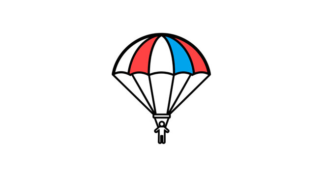 Illustration showcasing a skydiver figure descending gracefully with a vibrant red, white and blue parachute in a minimalist design