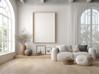 A living room with a white couch and a white ottoman. A large white framed picture hangs on the wall. A vase with flowers sits on a table