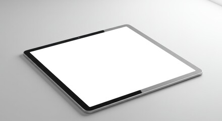 A silver tablet with a blank white screen lies on a light grey surface