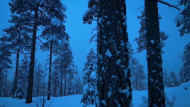 Snow Covered Pine Trees in a Dense Forest with Blue Tinted Winter Sky Background