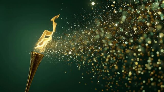 Golden Olympic torch with realistic fire and glowing particles on green screen, perfect for VFX chroma key compositing, sports celebration, victory scenes, cinematic animations, and motivational video
