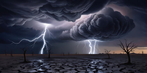 Thunderstorm with lightning illuminating barren landscape at dusk