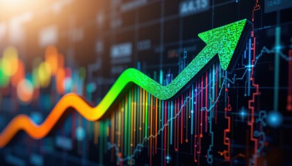 Colorful upward arrow on stock market line graph