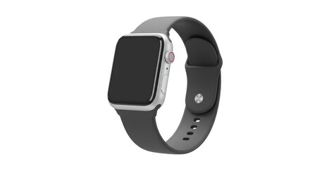 A smartwatch with a gray band and a silver body on a white background