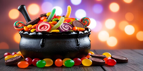 Festive cauldron filled with vibrant candies on a bokeh-lit background