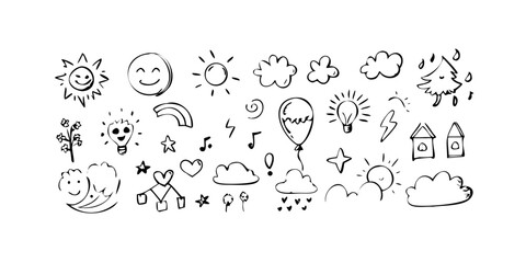 Whimsical doodle collection with sun clouds and hearts