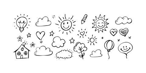 Whimsical doodle elements with sun and house illustration