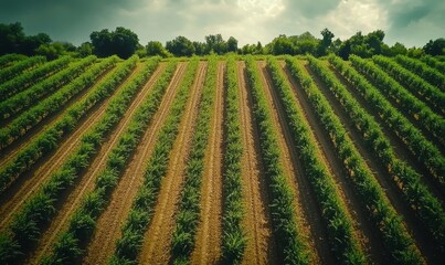 Drone monitoring crops in a smart agricultural setting. This represents the intersection of technology and sustainable farming practices, with digital farming systems driving precision, Generative AI