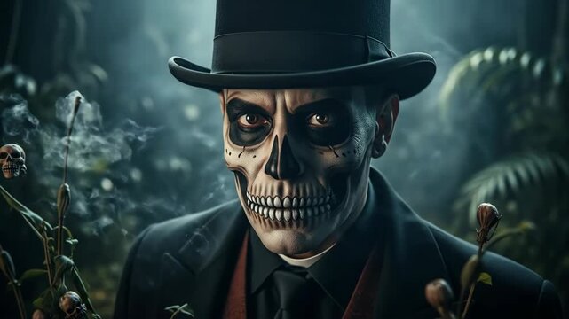 A spooky voodoo practitioner with his face painted as a skull and wearing a top hat performs a magical ritual in a dark and misty jungle


