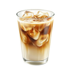 Layered Iced Coffee with Milk in Clear Glass — Refreshing Cold Beverage with Ice Cubes Isolated on White