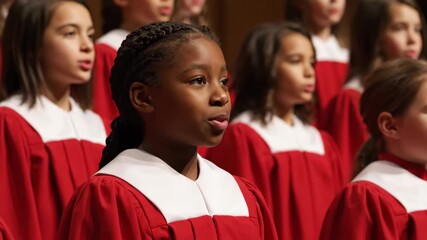 A diverse group of children in a school or church choir sing together with a young black girl in the foreground wearing a red and white robe
- Powered by Adobe