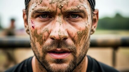 An intense and determined man with a muddy face looks at the camera after completing a difficult obstacle course race or a grueling military training exercise
- Powered by Adobe