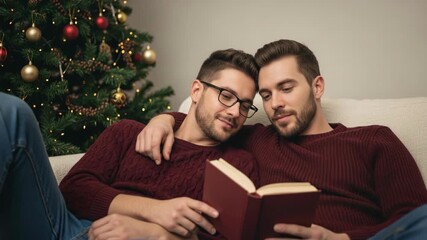 A happy and loving gay couple wearing matching sweaters read a book together while cuddling on the couch in front of a christmas tree
- Powered by Adobe