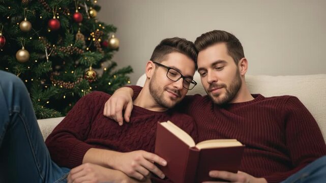 A happy and loving gay couple wearing matching sweaters read a book together while cuddling on the couch in front of a christmas tree

