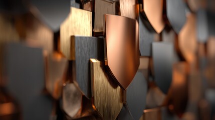 Abstract close-up of metallic shields in various colors arranged in a textured pattern