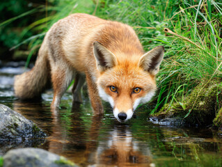 Fototapeta premium Wildlife Photography Fox Animal Nature River Stream Cute Colorful Brown Fur Eyes Ears Tail Wild Predator Forest Environment Seeking Hunting Foraging Solitary Wildlife Art