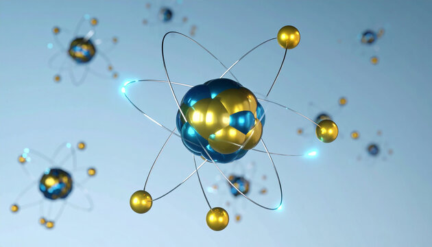 Conceptual illustration of atomic structure with orbiting electrons and energy fields. - Powered by Adobe