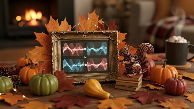 Autumnal AI Home Decor - A cozy autumn scene featuring pumpkins, fall leaves, and a steampunk squirrel figurine near a framed video displaying AI waveforms.