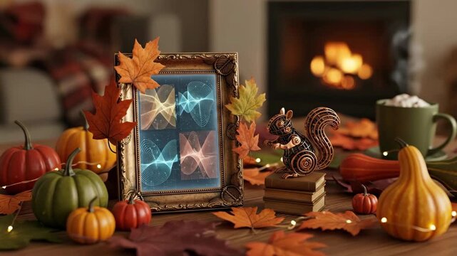 Autumnal Home Decor with Generative Art - A close-up shot of an autumnal still life featuring pumpkins, gourds, fall leaves, a steampunk squirrel figurine, and a picture frame displaying generative