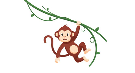 Playful Cartoon Monkey Swinging on a Vine, Vector Illustration, Cheerful and Simplistic Design, Isolated on White Background