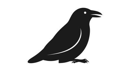 Minimalist Raven Illustration: A Striking Silhouette of a Black Bird, Elegantly Isolated on Pure White Backdrop Emphasizing Its Intricate Form