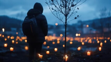 Night vigil with candlelight illuminating an individual standing alone in contemplation in a field