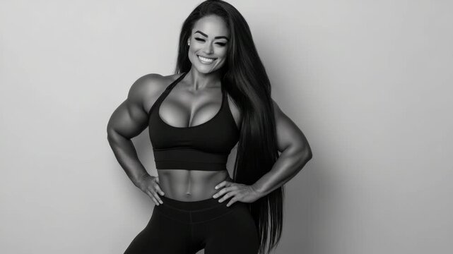 A confident woman with long hair poses with hands on hips in athletic wear