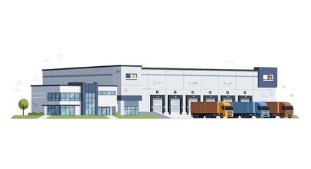 Logistics hub illustration portraying transportation efficiencies and supply chain operations showcasing distribution network with delivery trucks,