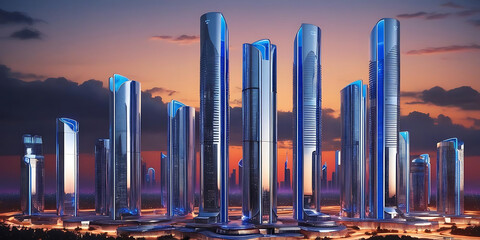Twilight skyline with modern skyscrapers featuring reflective glass surfaces