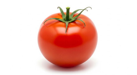 Fresh ripe red tomato with a green stem on an isolated transparent background.
