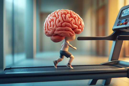 Creative concept of a human brain on a treadmill symbolizing mental health, fitness, and digital wellness in modern life generative ai