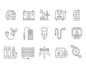 Fototapeta premium Set of devices you need in case of outage or blackout. Electrical equipment production and keeping energy. Collection of line icons