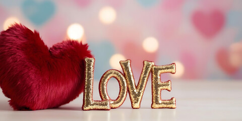 Gold "LOVE" sign with red heart on a dreamy bokeh backdrop