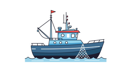Obraz premium Stylized Fishing Boat Illustration with Net on Gentle Waves Ocean Nautical Theme Commercial Fishing Transport Watercraft Vessel