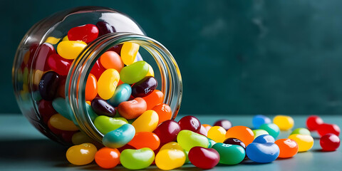 Overturned jar with jelly beans spilling out against a green backdrop