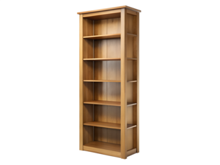 Elegant wooden bookcase with multiple shelves, perfect for storing books and displaying decorative items, isolated on a transparent background