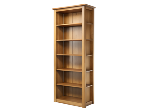 Elegant wooden bookcase with multiple shelves, perfect for storing books and displaying decorative items, isolated on a transparent background