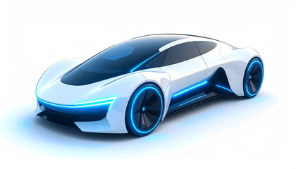Futuristic white electric car with blue neon lights, showcasing advanced automotive design.