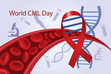 World CML Day awareness ribbon with blood cells, DNA helix, and medical lab equipment for cancer research and healthcare.