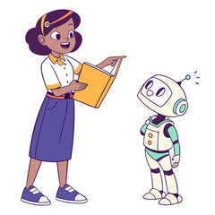 Animated teacher pointing at open book with robot student