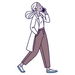 Cartoon businesswoman talking on phone walking confidently
