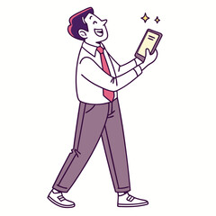 Cheerful man in suit holding a glowing phone cartoon