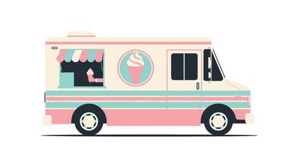 Delightful Ice Cream Truck Illustration with Retro Pastel Colors and Charming Design, Perfect for Summer Promotions and Sweet Treat Advertisements