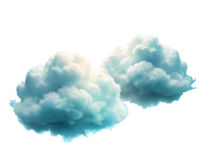Two fluffy white and blue clouds isolated on a transparent background, illuminated by soft sunlight, suggesting a peaceful and serene atmosphere