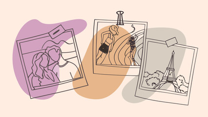 A vibrant collection of illustrated photographs featuring friends and iconic landmarks in a playful, artistic style.