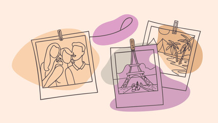 Stylized illustration of hanging photo frames featuring a couple, the Eiffel Tower, and a tropical beach scene.