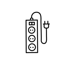 Electrical surge protector power strip with multiple outlets and a plug, simple line art icon