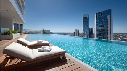 Fototapeta premium Sun Loungers by an Infinity Pool with a City View