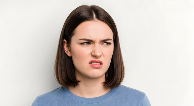 A young woman expresses disgust with a wrinkled nose and squinted eyes.