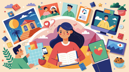 A young woman of Hispanic descent reading a book, surrounded by digital devices and creative elements in a vibrant, colorful setting.